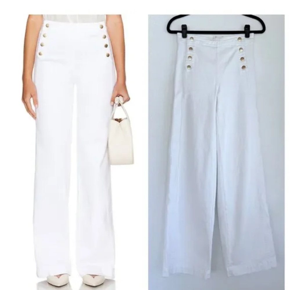 Frame Denim White Wide-Leg Pants with Button Detail